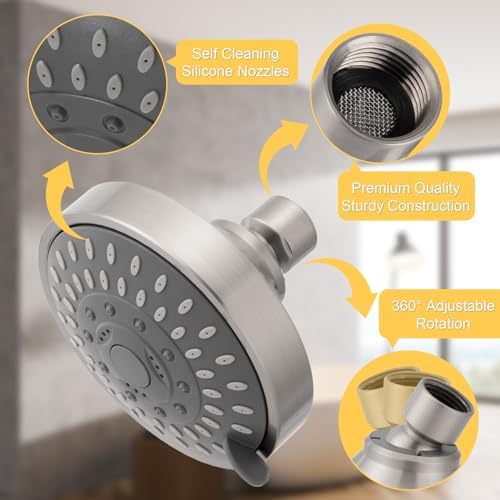AISOSO High Pressure Rain Shower Head 5 Mode Showerhead 4.1" Brushed Nickel - Image 3