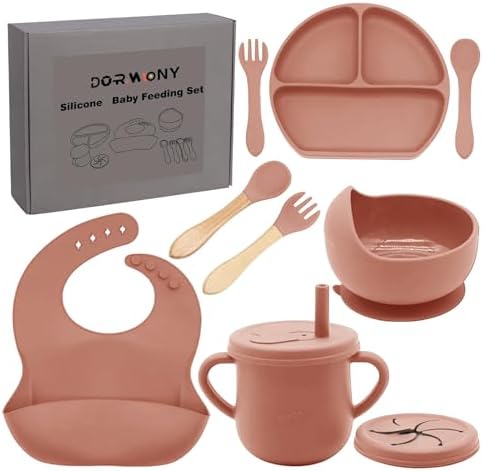 100% Silicone Baby Feeding Set, 9 Pcs: Bib, Divided Plate, Bowl, Sippy Cup, Spoons & Forks (Carrot) by Dormlony
