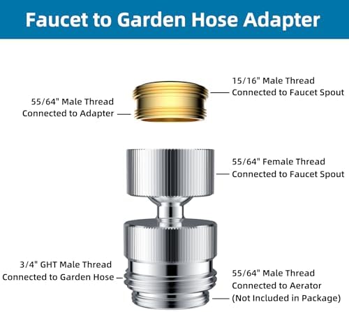 Hibbent Sink Faucet to Garden Hose Adapter, 360-Degree Swivel 55/64 Inch Female Thread, Sink Hose Attachment for Faucet Adapter Connector, Chrome - Image 2