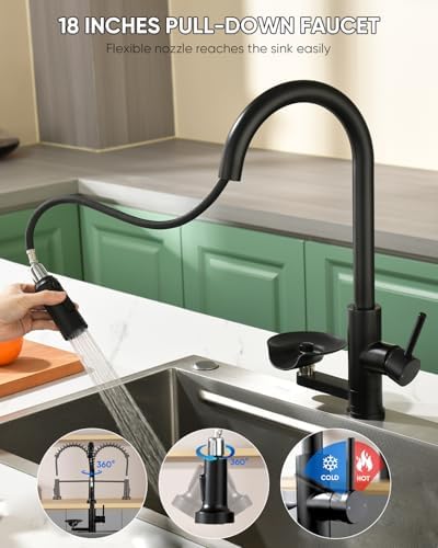 Kitchen Faucet with Cup Washer Pull Down Sprayer Stainless Steel Kitchen Sink Faucet with Deck Plate Glass Rinser Single Hole Black - Image 2