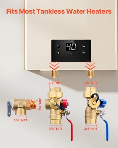 VEVOR Water Heater Kit, 3/4 Inch Tankless Water Heater Service Valve Kit with 2PCS 3/4″ NPT to 3/4″ NPT Isolation Valves, Pressure Relief Valve, Lead-Free Brass, Fits Most Tankless Waters Heaters - Image 4