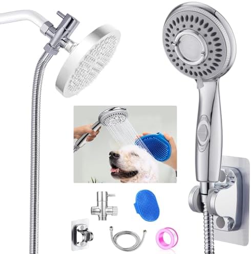 Dog Shower Attachment,Shower Head Sprayer Attachment with ON/OFF Shower Head, Brass 3-Way Diverter for Connecting Shower Arm, Stainless Steel Hose, Dog Brush and Adhesive Holder for Convenient Bathing by MOSELNY