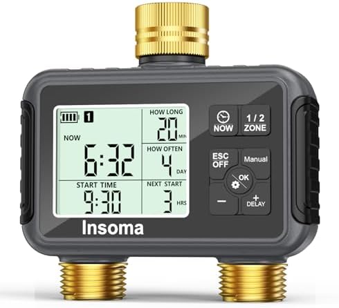 Insoma Water Timer with Brass Inlet & Outlet, 2 Independent Zones Outdoor Hose Timer for Garden Faucet with Auto/Manual/Rain Delay Mode, Sprinkler Irrigation Controller for Yard Lawn by Insoma