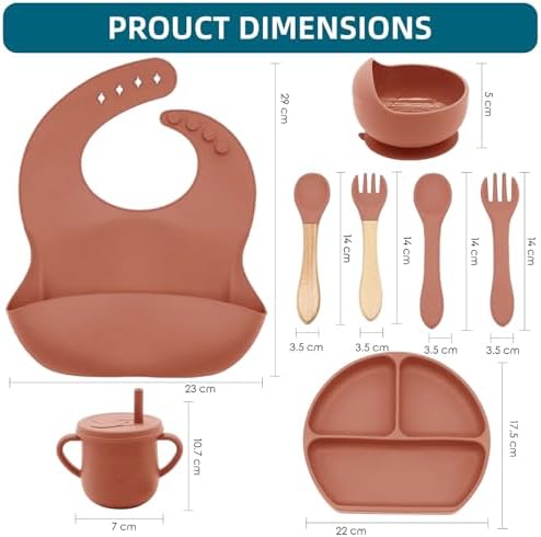 100% Silicone Baby Feeding Set, 9 Pcs: Bib, Divided Plate, Bowl, Sippy Cup, Spoons & Forks (Carrot) - Image 2