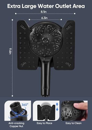 Shower Head with Handheld High Pressure, Rain Shower Head with Fixed Showerhead and 9 Sprays Handheld Shower, Detachable 2-IN-1 Shower head with 59" Rotatable Stainless Steel Hose (Black) - Image 5