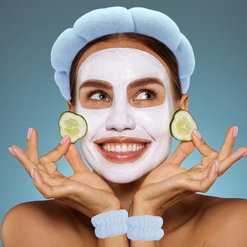 Blue Skincare Bubble headband and wristband set for Face Washing - Image 2