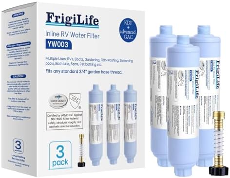 RV Inline Water Filter with Anti-Kink Hose Protector, NSF/ANSI 42 Certified, GAC & KDF Filtration, Reduces Chlorine & Odors, Fresh Clean Water for RVs, Camping, Car Washing, Gardening and Pools, 3PACK by FrigiLife
