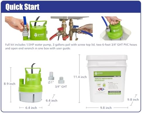 Green Expert Tankless Water Heater Flushing & Descaling Kit 6-in-1, 1/3HP Utility Pump for Circulation, 3-Gallon Bucket, 3/4"GHT Red&Blue Hoses for Isolation Valves Cleaning/Maintenance - Image 6