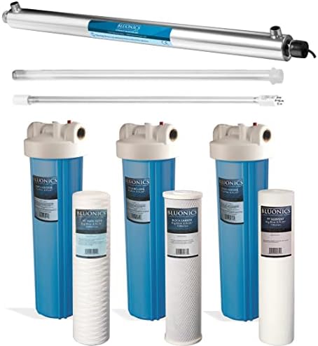Bluonics 55W UV Ultraviolet Light Plus Sediment and Carbon Well Water Filter Purifier System with NPT 1" Ports, 12 GPM UV with 3 Filter Size 4.5” x 20" Filters for a Large Home/Commercial by BLUONICS