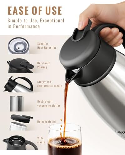 GiNT Insulated Coffee Carafe 34 Oz, Small Stainless Steel Flask for Hot Coffee with Fully Washable Detachable Lid, Portable Thermal Pitcher One-Hand Push Button Tea Dispenser for Travel Camping Office - Image 3