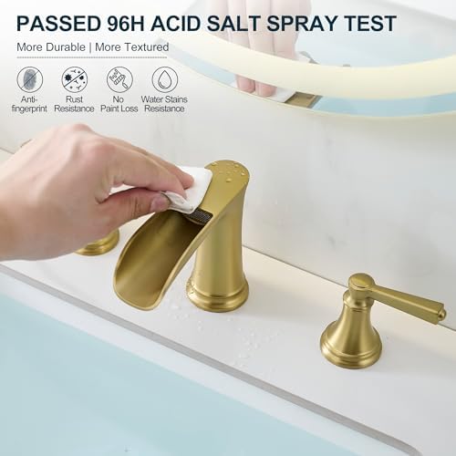 8 Inch Brushed Gold Bathroom Faucet 3 Hole, Brass Waterfall Bathroom Faucets Widespread 2 Handle with Pop up Drain & Pre-Installed cUPC Supply Lines for Vanity, 10 Mins Quick Installation - Image 4
