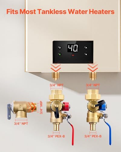 VEVOR Water Heater Kit, 3/4 Inch Tankless Water Heater Service Valve Kit with 2PCS 3/4″ NPT to 3/4″ PEX-B Isolation Valves, Pressure Relief Valve, Lead-Free Brass, Fits Most Tankless Waters Heaters - Image 4