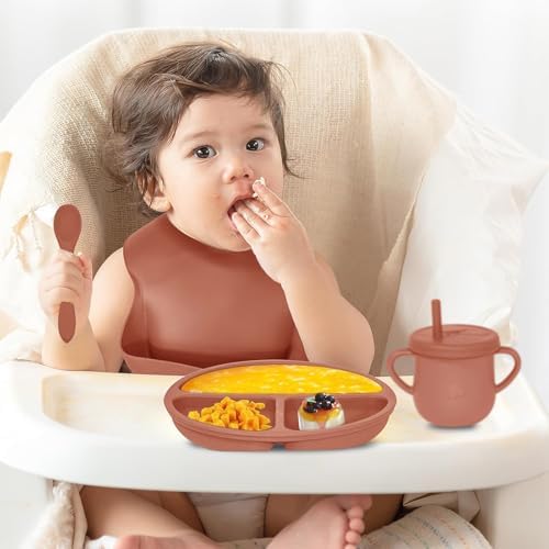 100% Silicone Baby Feeding Set, 9 Pcs: Bib, Divided Plate, Bowl, Sippy Cup, Spoons & Forks (Carrot) - Image 6