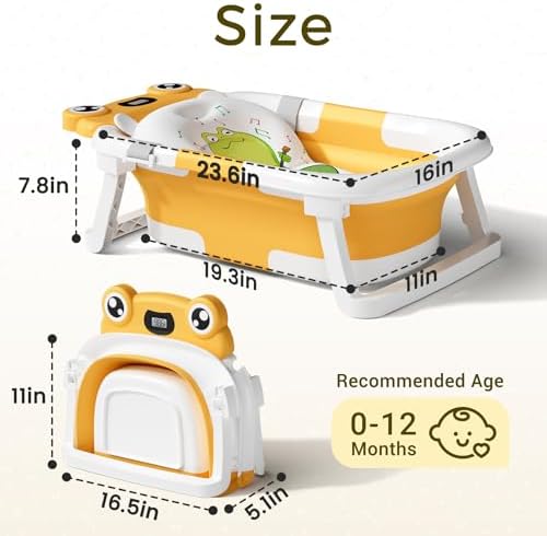 BUNWAG Baby Bathtub, Collapsible Newborn Bathtub for Infant to Toddler with Soft Cushion and Thermometer,Portable Travel Newborn Tub with No-Slip Feet, Baby Shower Gifts, 0-12 Months Baby Bath, Yellow - Image 3