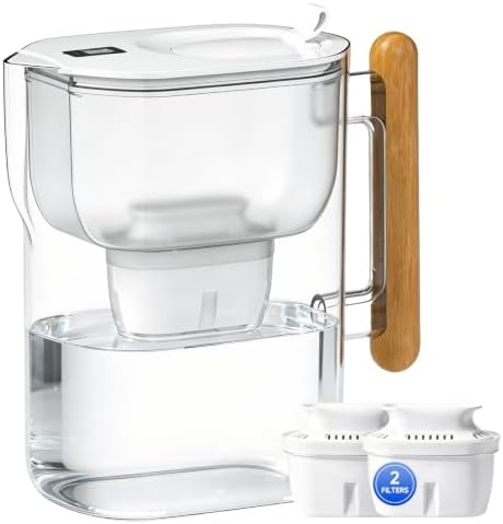 Water Filtration Pitcher with 2 Replacement Filters, Premium Wood Handle, BPA-Free Water Filter Pitcher, Improves Tap Water Taste, Refrigerator-Friendly Design by Pocicoll
