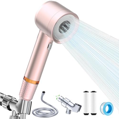 High Pressure Shower Head with Handheld, with Pause Switch 4 Spray Modes Water Saving Showerhead,Showerhead Set with Hose, Bracket and Cotton Filter, (pink) by Pre-TapedMaskingPaper