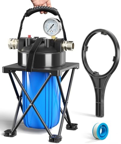 6-Layer RV Water Filter with Stand and Pressure Gauge, 3/4" GHT Metal Threads Inline Water Filter, Removes Sediments, Chlorine, VOCs, Heavy Metals, Bad Taste, Odor, and More by Hansing
