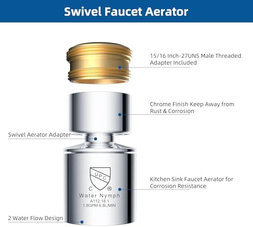 Hibbent NSF/ANSI/CAN 61 Certified Faucet Aerator, CUPC Certification 360° Swivel Kitchen Sink Aerator, Dual-function Sprayer Faucet Head, Faucet Replacement Part 55/64 Inch Female Thread - Chrome - Image 4