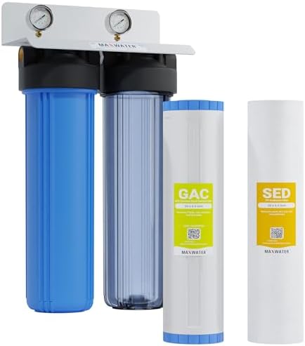 20 x 4.5 inch Two Stage Clear Whole House Water Filter Purification System, 1" in/Out Port Double O Ring Housing w/Sediment GAC Carbon Filters + Pressure Gauge by MaxWater