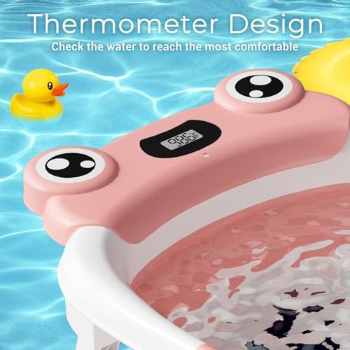 BUNWAG Baby Bathtub, Collapsible Newborn Bathtub for Infant to Toddler with Soft Cushion and Thermometer,Portable Travel Newborn Tub with No-Slip Feet, Baby Shower Gifts, 0-12 Months Baby Bath, Pink - Image 4