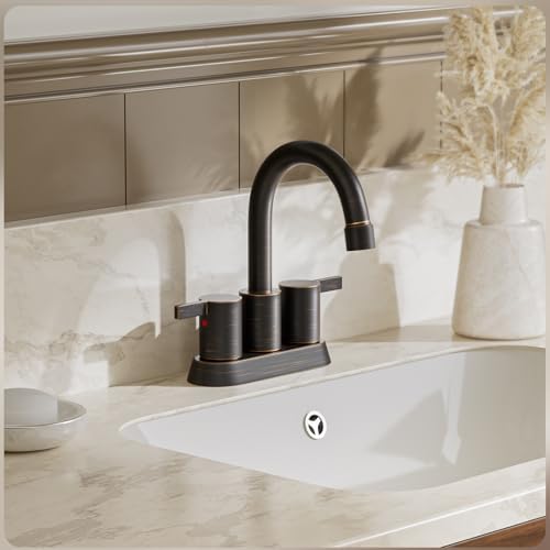 Phiestina 2 or 3 Holes Oil Rubbed Bronze 4 Inch 2 Handle Centerset Lead-Free Bathroom Sink Faucet, 360 Degree Swivel Spout with Copper Pop Up Drain and 2 Water Supply Lines, BF015-1-ORB - Image 2