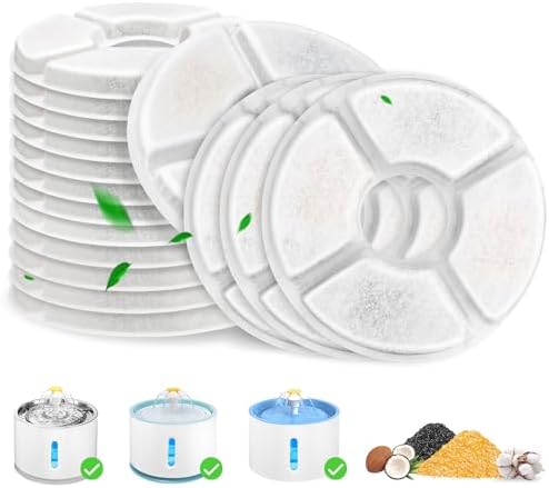 Cat Fountain Filter, 16 Pcs Cat Water Fountain Filters Replacement Dia is 5", 3-Filtration System Round Carbon Filters Compatible with 81oz / 2.4L Round Automatic Pet Dog Water Fountain Dispenser by Beyolike