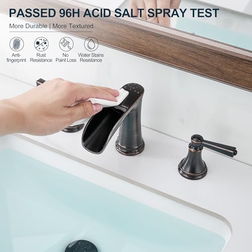 Brass 8 Inch Oil Rubbed Bronze Bathroom Faucet Waterfall Widespread Bathroom Faucets for Sink 3 Hole 2 Handle with Pop up Drain & Pre-Installed cUPC Water Hose for Vanity, 10 Mins Install - Image 4