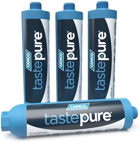 Camco TastePURE 20-Micron Wide-Body Inline Design Water Filter with GAC and KDF Filtration for RVs, Boats, Travel Trailers, and Campers (4-Pack) by Camco