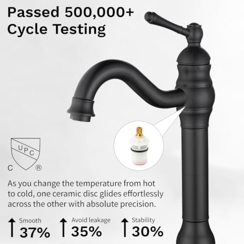 Black Bathroom Faucet GGStudy 360° Swivel Single-Handle One Hole Bathroom Vessel Sink Faucet Matching Pop Up Drain - Image 5
