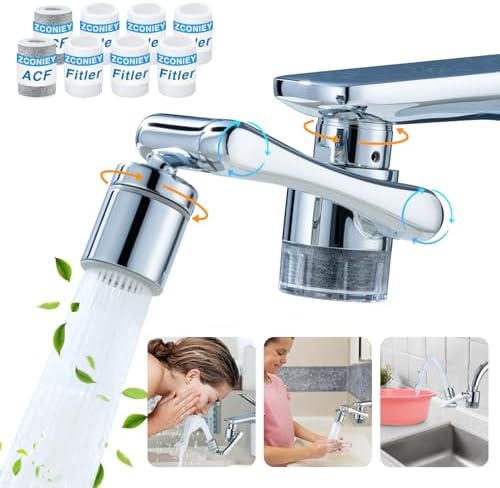 1080°Swivel Faucet-Extender with Water Filter - 8 Pcs Replacement Filter, 2 Mode Water Spray Aerator, Solid Brass Faucet Sprayer Extender Universal For Bathroom Kitchen Laundry Sink Faucet by ZCONIEY
