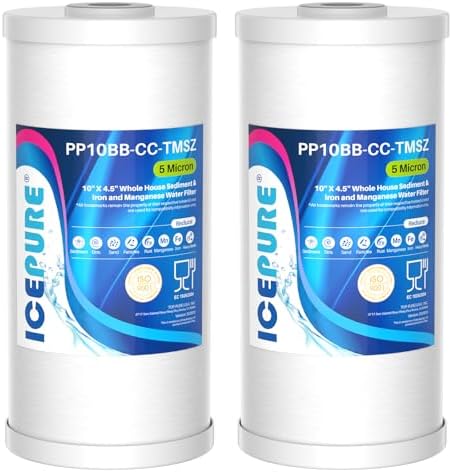 ICEPURE 5 Micron 10" x 4.5" Whole House Sediment and Iron Manganese Resin Water Filter Compatible with GE FXHTC, GXWH40L, RFC-BBSA W50PEHD Whirlpool WHKF-GD25BB GXWH35F GNWH38S Dupont WFHD13001, 2PACK by ICEPURE