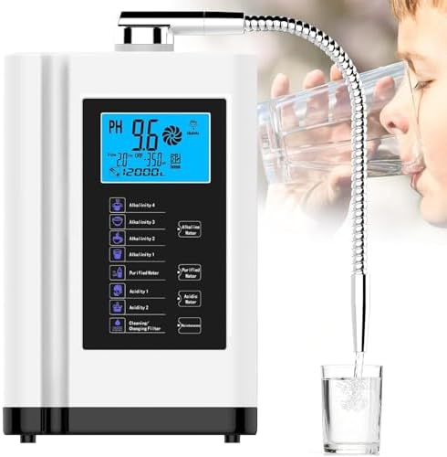 Alkaline Water Ionizer Machine with pH 3.5-10.5 and up to -500mV ORP, 8000 Liters Per Filter, Self-Cleaning Function and 5 Titanium Plates for Home Use - 7 Water Modes & LCD Touchscreen,White by Unknown