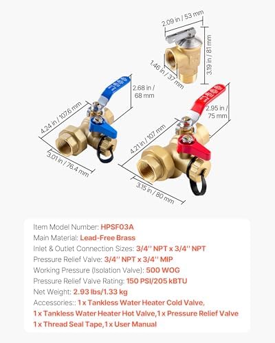 VEVOR Water Heater Kit, 3/4 Inch Tankless Water Heater Service Valve Kit with 2PCS 3/4″ NPT to 3/4″ NPT Isolation Valves, Pressure Relief Valve, Lead-Free Brass, Fits Most Tankless Waters Heaters - Image 7