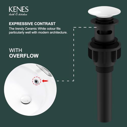 KENES White Bathroom Sink Drain with Overflow, Ceramic Pop Up Sink Drain - Image 3