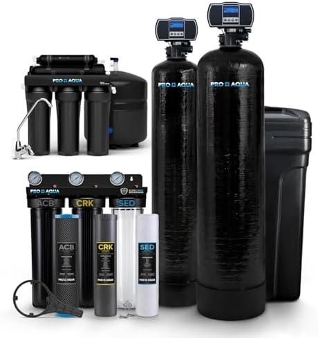 PRO+AQUA Elite 5-Stage Whole House Water Softener and Filter Bundle System for Well Water | Reduces Heavy Metals, Iron, Sulfur, Sediment, Chlorine, and More | Ideal for 3-4 Bathrooms (+ RO System) by PROAQUA