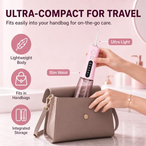 MOCEL Water Dental Flosser, Cordless Portable Oral Irrigator with OLED Display, 300ml Water Tank, 5 Cleaning Modes, 6 Jet Tips, IPX7 Waterproof Rechargeable Teeth Cleaner for Home, Travel, Braces Pink - Image 4