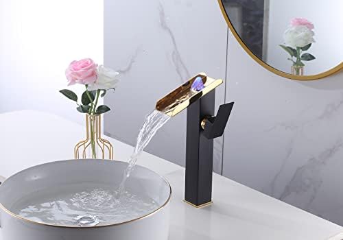 Bathroom Vessel Sink Faucet LED Light Black Gold,Hydropower LED 3 Colors Changing Waterfall Spout, Hot and Cold Water Mixer, Single Handle Single Hole Commercial Residential Bathroom Tap Faucet - Image 2
