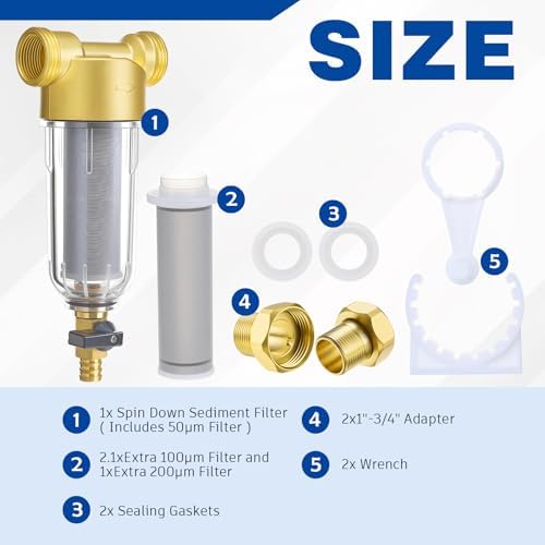 WILLBOND 3/4" Spin Down Sediment Water Filter, 50 & 100 & 200 Reusable House Sediment Filter with 2 Adapters, for Home & Commercial Water Pre-filtration System Ideal for Home Owners, DIY Enthusiasts - Image 2