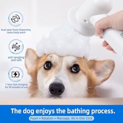 Electric Rotating Massage Dog Shampoo Spray Dispenser with Foam Brush [2026 Upgraded Version] Dual-core Electric pet Bath Brush | 2-Speed Variable Frequency SPA × Double Bubbles - Image 3