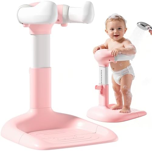 Upgraded Baby Shower Stand with Anti-Pinch Silicone & Anti-Slip Base, Adjustable Height Soporte para Bañera de Bebé, Baby Bath Standing Support Assist Holder for 6-36 Months Toddler, Ideal Gift, Pink by Unknown