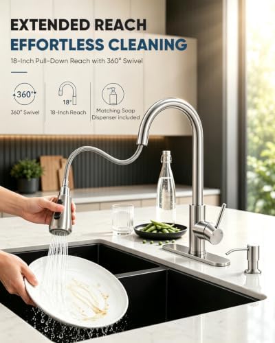 Kitchen Faucet with Pull Down Sprayer and Soap Dispenser, Brushed Nickel 304 Stainless Steel Single Handle with 3 Spray Modes, 18-Inch Hose, 10-Inch Deck Plate - Image 2