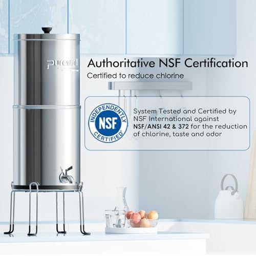 Purewell 3-Stage 0.01μm Ultra-Filtration Gravity Water Filter System, NSF/ANSI 42&372 Certification, 304 Stainless Steel Countertop System with 2 Filters and Stand, Reduce 99% Chlorine, 2.25G, PW-OB - Image 3