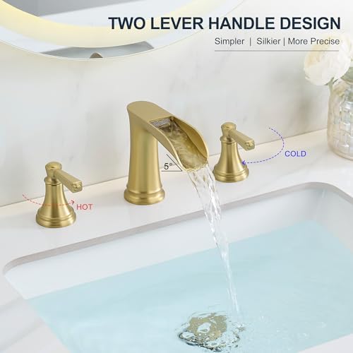 8 Inch Brushed Gold Bathroom Faucet 3 Hole, Brass Waterfall Bathroom Faucets Widespread 2 Handle with Pop up Drain & Pre-Installed cUPC Supply Lines for Vanity, 10 Mins Quick Installation - Image 6
