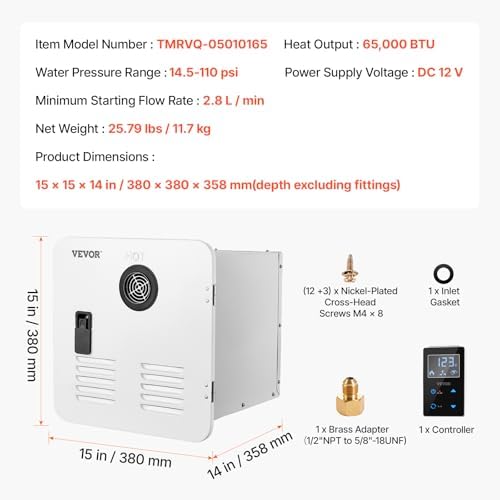 VEVOR RV Tankless Water Heater, 65000 BTU, Instant Shower with 15 x 15 in White Door and Remote Controller, Ideal for RVers' Family Everyday Use - Image 7