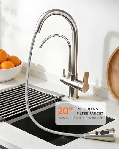 Kitchen Faucet with Water Filter Spout — 2-in-1 Brushed Nickel Pull-Down Sink Faucet, NSF-Certified Filtered Water Tap, Single-Handle with Detachable Deck Plate Fits 1 or 3 Hole by OWOFAN - Image 3