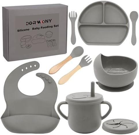 100% Silicone baby feeding set,BPA free Baby dishes set with Suction Bowl Divided Plate,Toddler Self Feeding Dish Set with Spoons Forks Sippy Cup And Bib, Baby Eating Utensils (Grey) by Dormlony