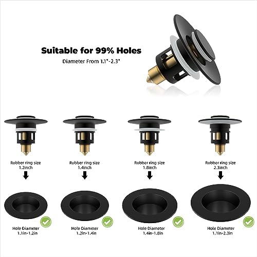 Hibbent 2 Pack All Metal Universal Bathroom Sink Stopper for 1.1''~2.3'' Basin, Pop Up Sink Drain Strainer, Brass Bullet Core Push Type Stopper, Stainless Steel Anti Clogging Drain Filter, Matte Black - Image 2