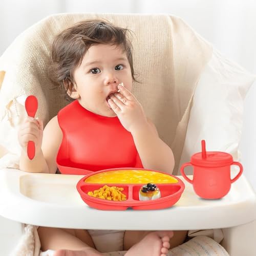 100% Silicone baby feeding set,BPA free Baby dishes set with Suction Bowl Divided Plate,Toddler Self Feeding Dish Set with Spoons Forks Sippy Cup And Bib, Baby Eating Utensils (Scarlet) - Image 2