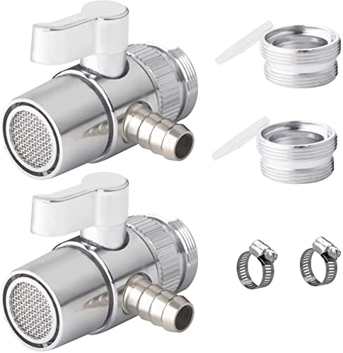 2 Pack Faucet Diverter Valve, 8mm Barb for 5/16" ID Flexible Tubing, Countertop Water Filter Adapter with Solid Brass Handle, M22 Male to M24 Male Adapter Rings, Clamps & Extra Washers by Tsinghwang
