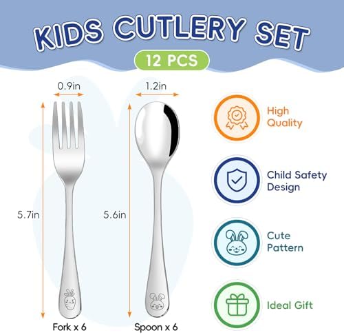 12 Pieces Stainless Steel Toddler Utensils Set - Food Grade Kids Silverware Set Children Safe Small Forks and Spoons Mirror Polished Sturdy and Durable Dishwasher Safe - Image 2
